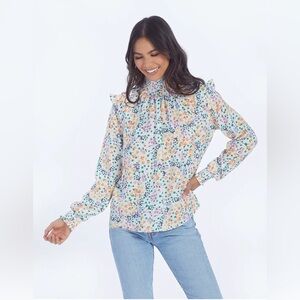 NWT Summersalt Womens S Silky Mock Neck Blouse Wildflower Fields Sunshine Coral